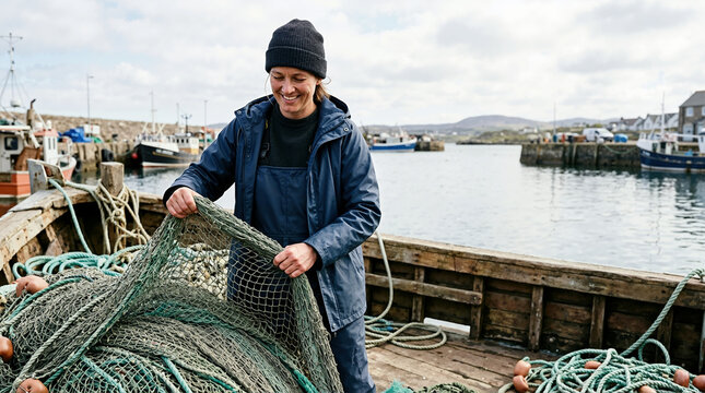 Smiling female fisher handling green net on wooden boat. Woman working in commercial fishing industry in harbor