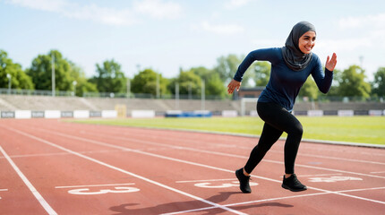 Fototapeta premium Smiling Muslim woman wearing a hijab sprinting on a red running track. Female athlete in dark sportswear running outdoors in a stadium. Active lifestyle and fitness concept