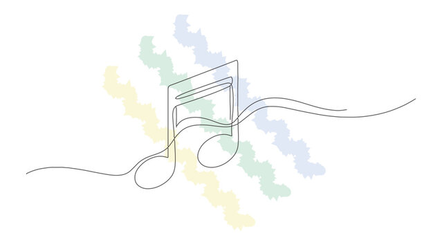 Artistic continuous line sketch of musical eighth notes flowing along wavy staff line over multicolored abstract decorative pattern.