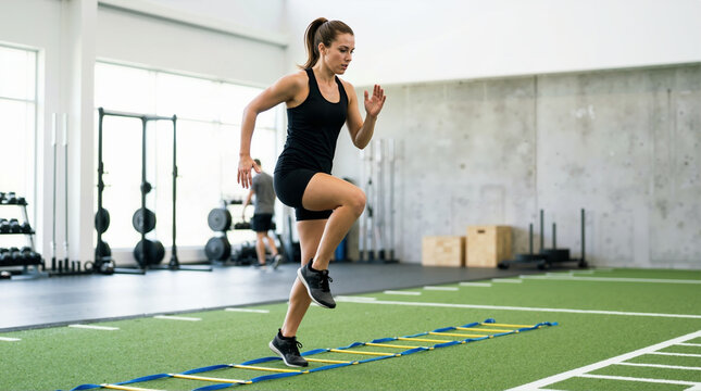 Female athlete performing footwork drills on an agility ladder. Woman in black activewear training on green turf in a modern gym