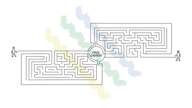 Complex maze puzzle solution challenge featuring rectangular labyrinth design with central prize chamber and person silhouettes at entrance.