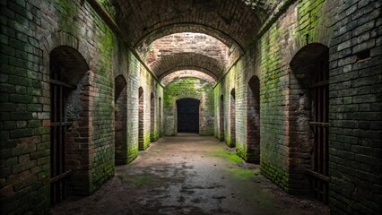 Obraz premium Mossy ancient brick corridor with arched doorways and dim lighting