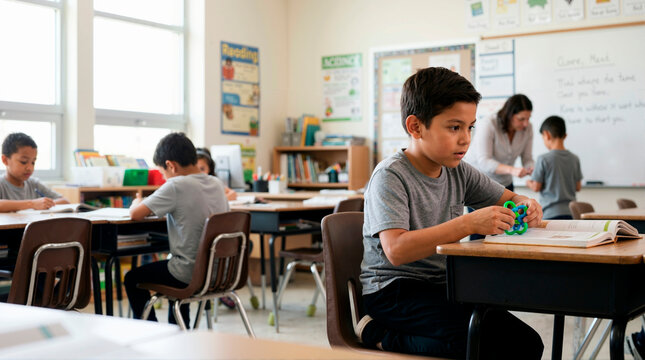 Young boy holding a fidget toy at his desk in a classroom. Distracted student looking away from his textbook during a lesson