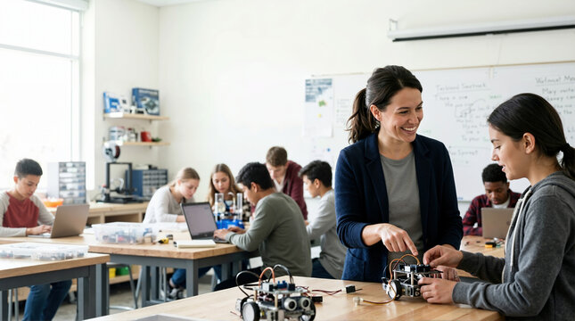 Female teacher helping a high school student build a robot in a STEM class. Teenagers working on engineering and technology projects