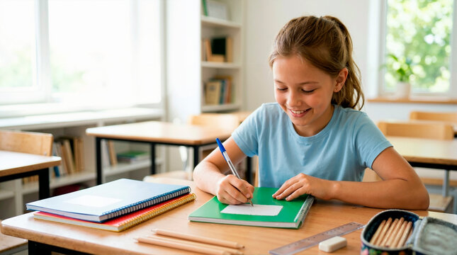 Smiling young girl labeling green notebook at desk in classroom. Happy elementary student preparing school supplies. Back to school organization concept