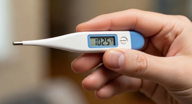 Hand holding digital medical thermometer showing high fever temperature in fahrenheit units.