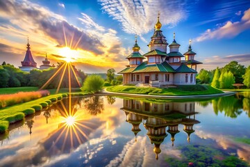 Fototapeta premium Ornate white and green church with gold domes on grassy hill beside pond at sunset