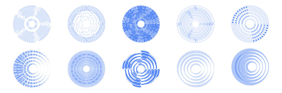 Set of radiate echo patterns. Blue concentric circular and radial shockwave collection.