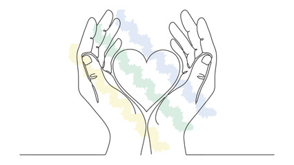 Obraz premium Single line drawing of hands holding heart with colorful abstract zigzag pattern symbolizing love care support and empathy in a gentle gesture.