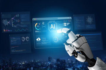 Naklejka premium A generative AI assistant displays its own development environment. This platform shows the tools used for coding algorithms, training machine learning models, and analyzing complex data. Fermion