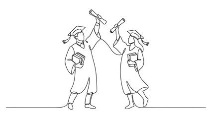 Obraz premium Continuous one line drawing of happy graduates holding diplomas.
