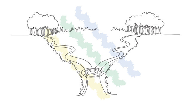 Single line drawing nature landscape with trees path converging into circle with colorful abstract zigzag elements representing journey connection and growth.