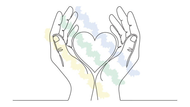 Single line drawing of hands holding heart with colorful abstract zigzag pattern symbolizing love care support and empathy in a gentle gesture.