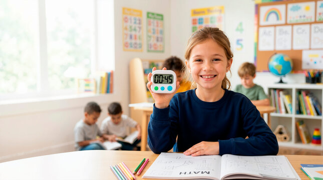 Happy young girl holding digital timer in classroom. Smiling elementary student with math workbook at desk. Time management and testing concept