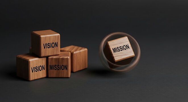 Wooden blocks with vision and mission concepts on dark background