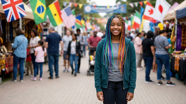 Portrait of a smiling African American teen at a multicultural street festival. Happy young woman with colorful braids enjoying an international event with flags in the background