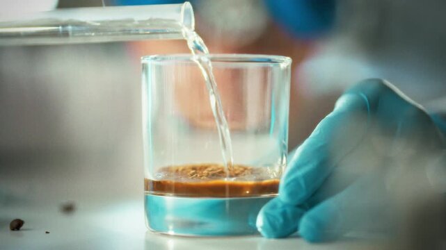 In a bright laboratory, a research assistant carefully pours a clear liquid into a transparent vessel already containing a brown solution, part of a precise experiment conducted by the scientist team