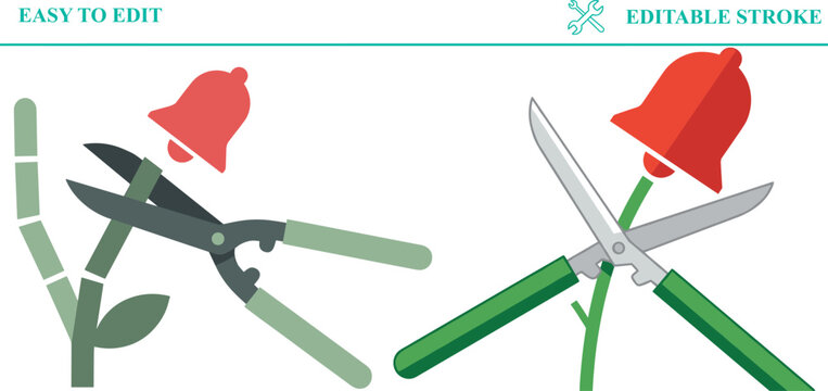 Pruning shears cutting plant stem with red bell symbol, showing task completion and alert handling in workflow management.
