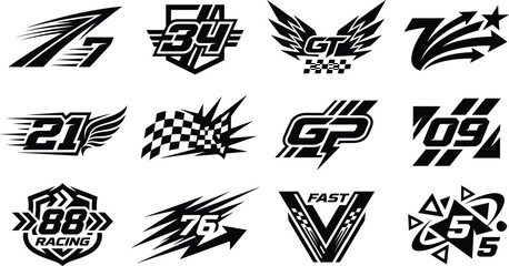 Racing number decals set, sports car competition stickers with checkered flags and wings isolated on white background © Asaduzzaman