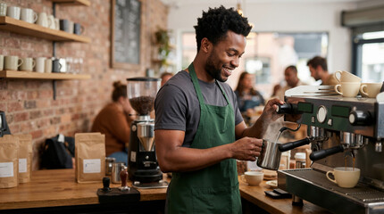 Fototapeta premium Smiling African American barista making coffee in a cafe. Happy male worker steaming milk with an espresso machine in a coffee shop. Small business and hospitality concept