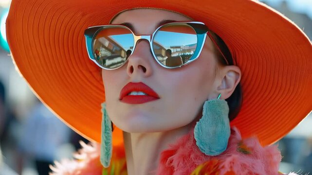 Closeup portrait of a beautiful, stylish woman wearing an eccentric orange hat with jewels, colorful outfit, and modern sunglasses, posing confidently on a sunny city street
