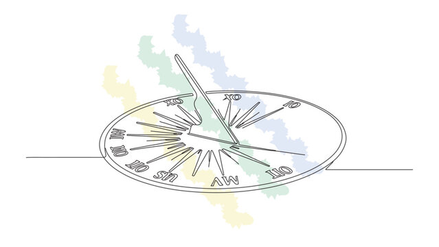 Continuous line drawing of vintage horizontal sundial with roman numerals on colorful brush stroke background for time measurement concept.