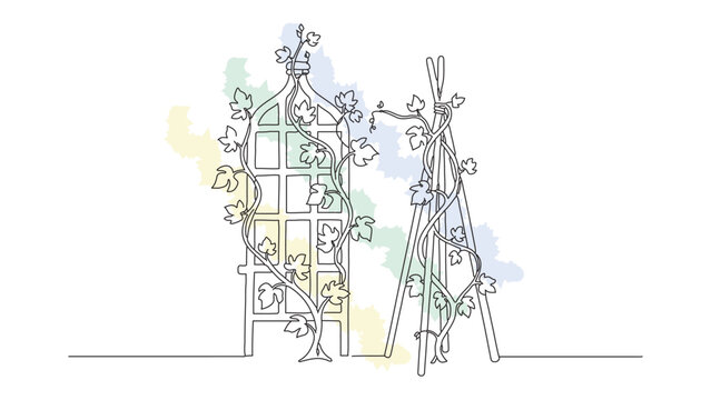 Minimalist continuous line art of decorative garden arch and wooden trellis with climbing vines and leaves on artistic background.