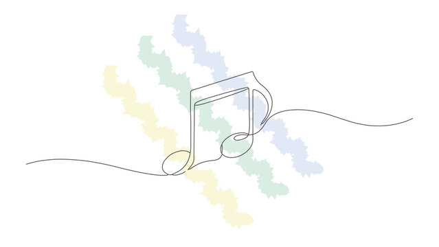 Continuous line drawing of musical eighth note symbol on colorful watercolor brush strokes background for melody and sound concept.