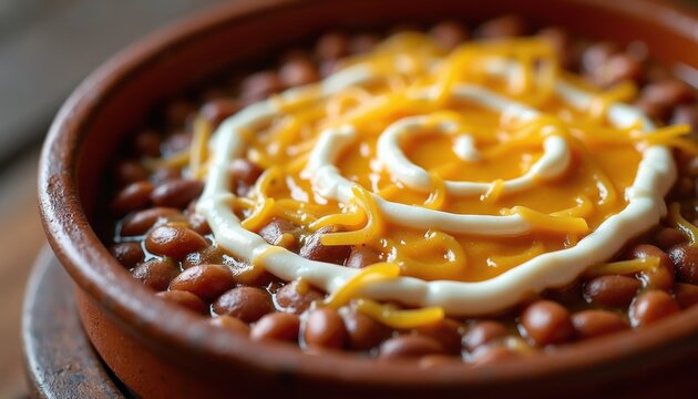 Warm frijoles refritos with melted cheese and sour cream in clay bowl. Hearty mexican beans refried served as side dish. Comfort food ready for meal.