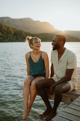 Fototapeta premium Young couple laughing on dock at golden hour by mountain lake