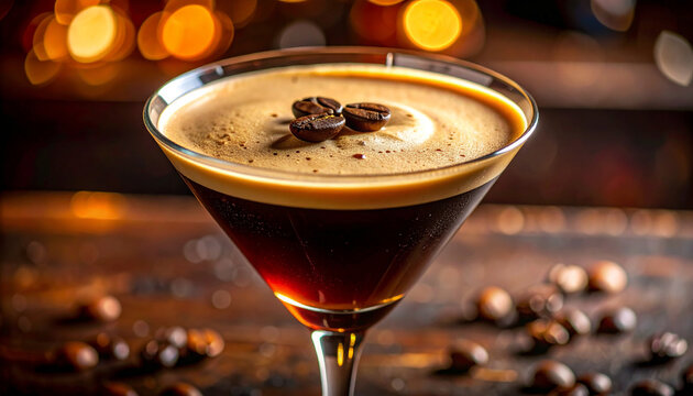 Elegant espresso martini in sleek modern cocktail glass, flawless velvety espresso crema layer, whole coffee beans as garnish, tasty drink
