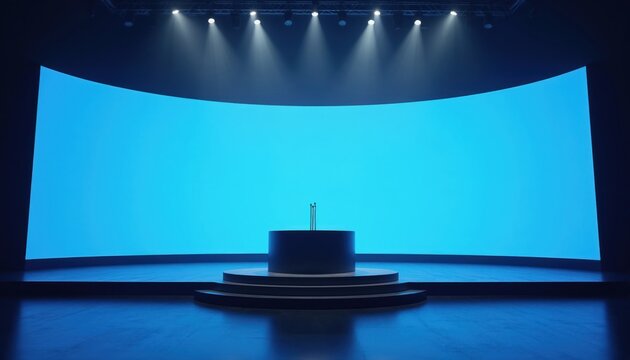 Empty stage with podium and large curved blue screen backdrop. Spotlights shine down from above. Modern minimalistic presentation hall setup for conference event or show.