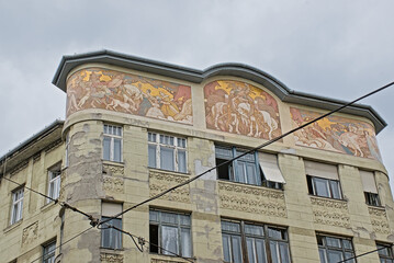 Fototapeta premium Art deco building with mosaic decorations in Budapest, Hungary 