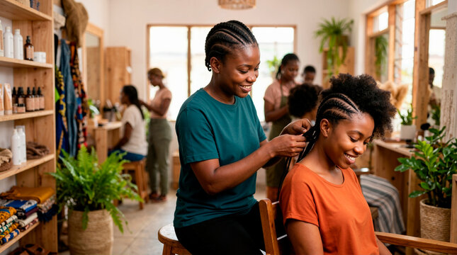 African American hairstylist braiding a client's hair in a beauty salon. Two smiling black women creating a traditional braided hairstyle in a small business