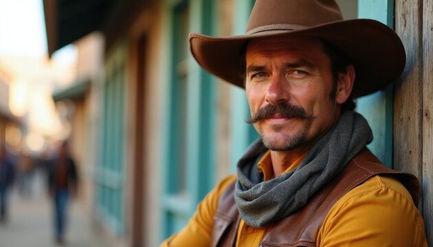 Man in cowboy hat and leather vest stands on rustic town street. He has mustache and beard. He looks at camera with serious expression. Sunny day outdoor.