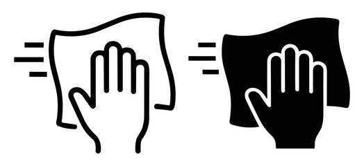 Obraz premium Minimalist outline vector icon representing cleaning and wiping concept. Design features hand with cloth, symbolizing hygiene, sanitation, and surface disinfection. Created in clean linear style, suit