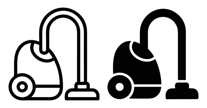 Minimalist outline vector icon representing vacuum cleaner and household appliance concept. Design features device with tube, brush, and wheels, symbolizing dust removal, floor cleaning, and home main