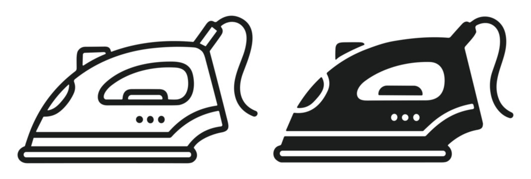 Minimalist outline vector icon representing electric iron and laundry appliance concept. Design features device with handle and base, symbolizing steam ironing, fabric care, and household cleaning. Cr