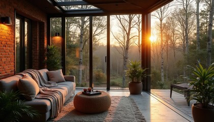 Naklejka premium Cozy sunroom with brick walls and glass ceiling. Sofa, plants, ottoman create comfortable indoor space. Forest view at sunset provides natural beauty.