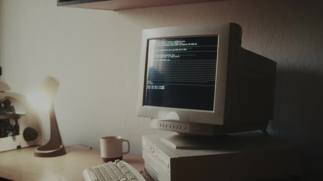 Retro pc computer gaming, Desktop vintage with loading code console, programmer making scripts, green basic screen, Old computer studio close-up, retro wave display, late 90s PC.