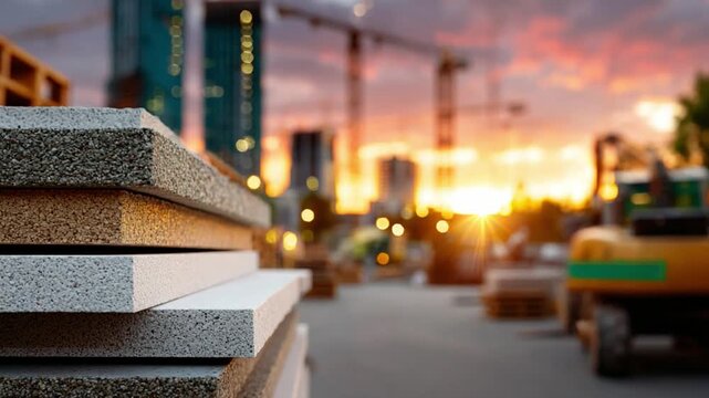 Building Material on Construction Site: A stack of construction materials in the foreground, with a bustling construction site and the warm glow of the setting sun in the background.
