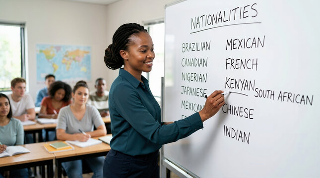 African American teacher giving a lesson on nationalities in a classroom. Female professor writing on a whiteboard for adult students