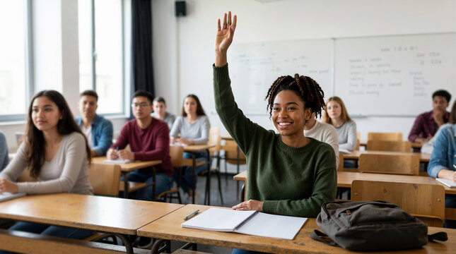 Happy African American student raising her hand in a university classroom. Young woman participating in a college lecture
