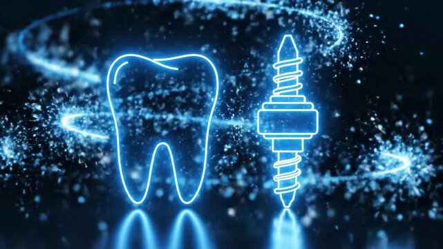 Blue Neon Glowing Dental Tooth And Implant Icons With Swirling Sparkling Particles On Black Reflective Background