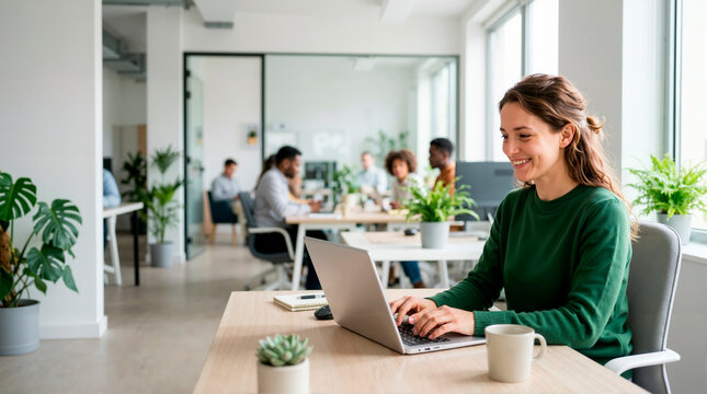 Smiling young adult businesswoman working on laptop in modern office. Happy female employee typing at desk with colleagues in background