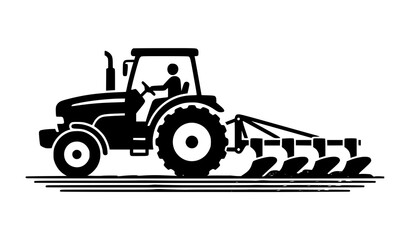 Farm tractor with plow icon in black silhouette side view simple flat agricultural vector © Sabbir