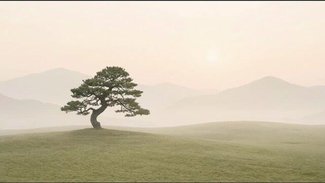 Lone Pine Tree on Misty Mountain Hills for Zen Meditation Landscape Background 4K UHD Seamless Loop