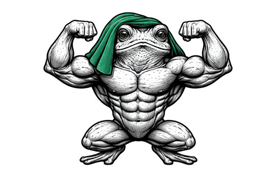 Muscular frog character posing with a green towel over its head. This powerful illustration features detailed line work, anatomical muscle definition, and a determined expression for any project.
