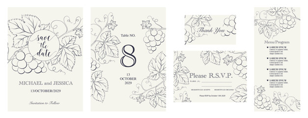 Fototapeta premium Wedding set with grape elements. Grapevine elegant invitation