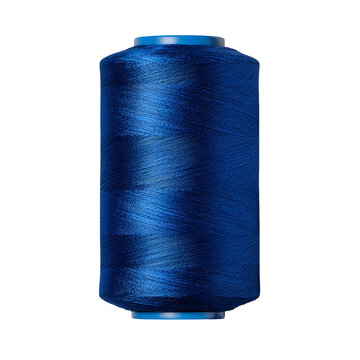 Vibrant blue thread spool isolated on white background for crafting and sewing